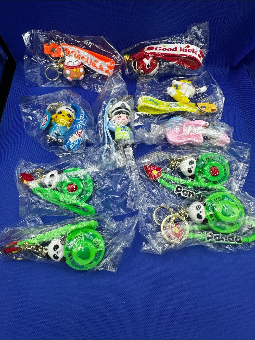 Kids Panda, Lucky Cat, Cinnamoroll, Guitar, Police Man and Pikachu Keychains